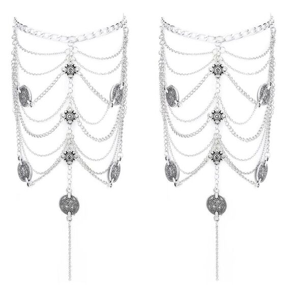 Silver Multilayered Adjustable Boho Coin Anklet Foot Chains - Set of 2 - Picture 2 of 6